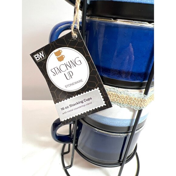 Boston Warehouse Stacking Up Stoneware 16 Oz Blue & White Stacking Cups Set With - Picture 2 of 6